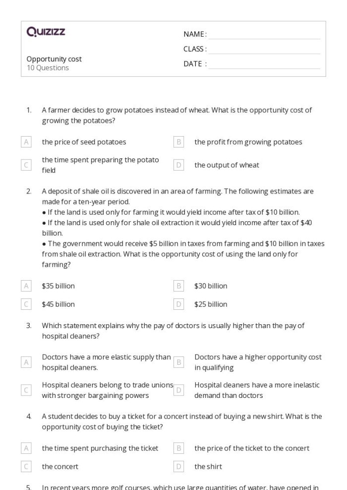 Engaging economics worksheet illustrating opportunity costs and their impact on choices Opportunity Costs worksheet for sixth graders showcasing trade-offs in decision-making