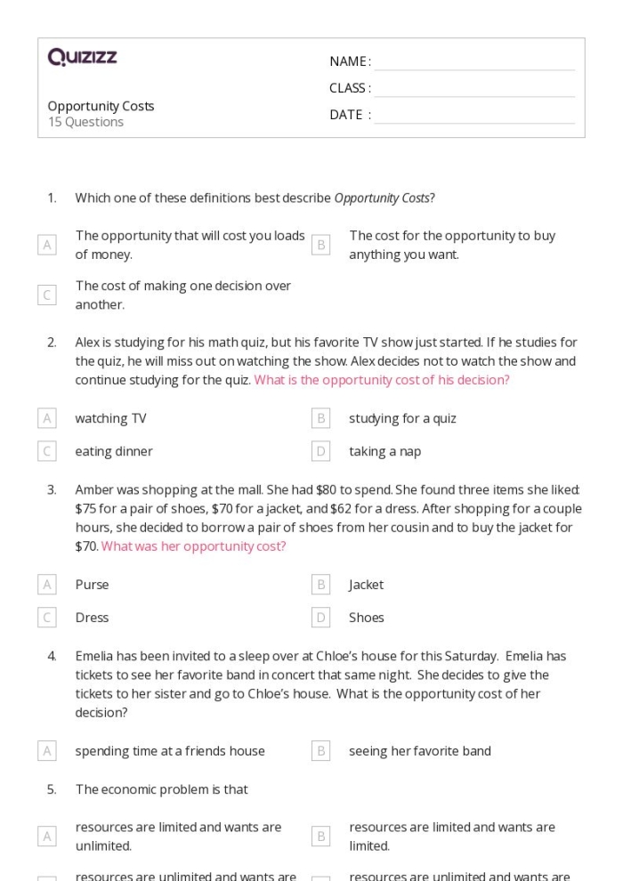 Engaging economics worksheet designed to teach students about opportunity costs and choices Opportunity Costs worksheet for sixth graders illustrating trade-offs in decision making