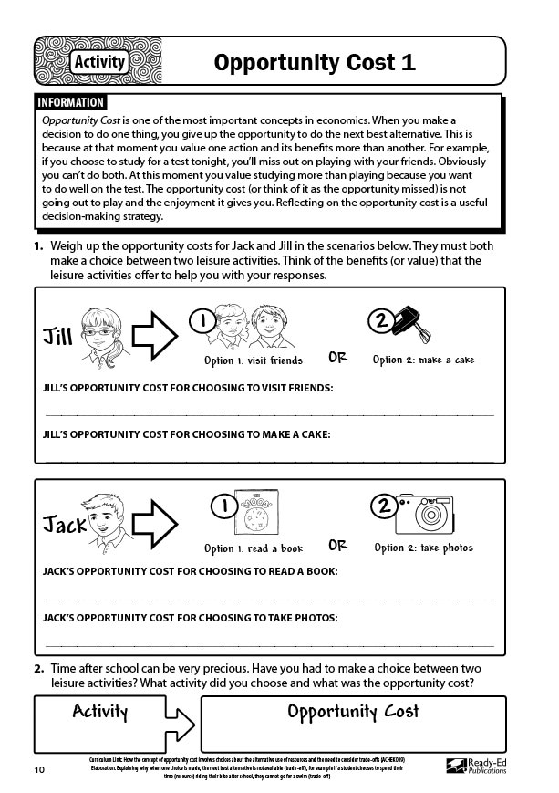 Engaging economics worksheet on opportunity costs for data and graphing activities Opportunity Costs worksheet for sixth graders illustrating trade-offs in decision making