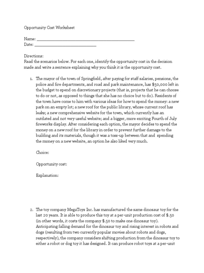 Engaging economics worksheet illustrating opportunity costs and their impact on choices Opportunity Costs worksheet for sixth graders showcasing trade-offs in decision making