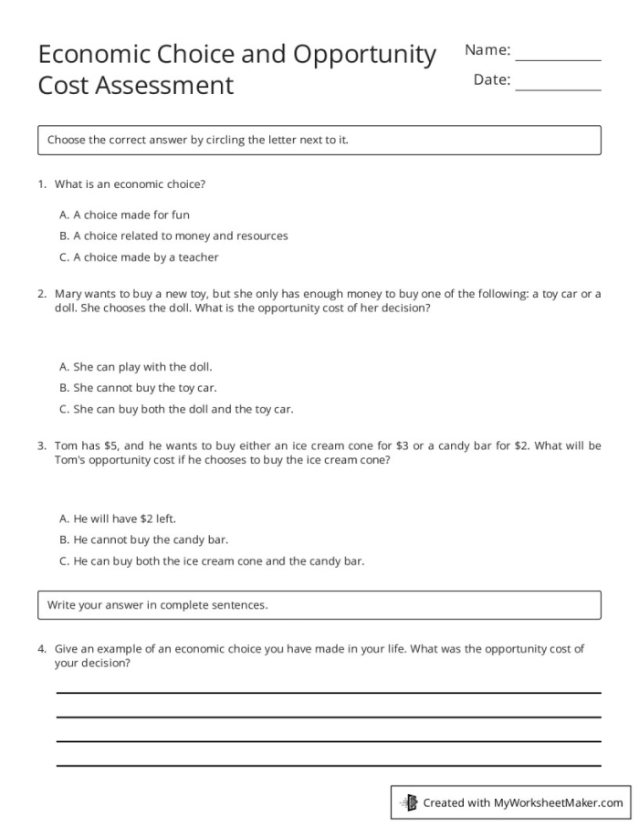 Engaging economics worksheet for students to explore opportunity costs and choices Opportunity Costs worksheet for sixth graders illustrating trade-offs in decision-making