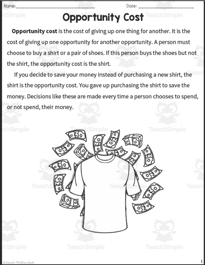 Engaging economics worksheet for understanding opportunity costs and choices Opportunity Costs worksheet for sixth graders illustrating trade-offs in decision making