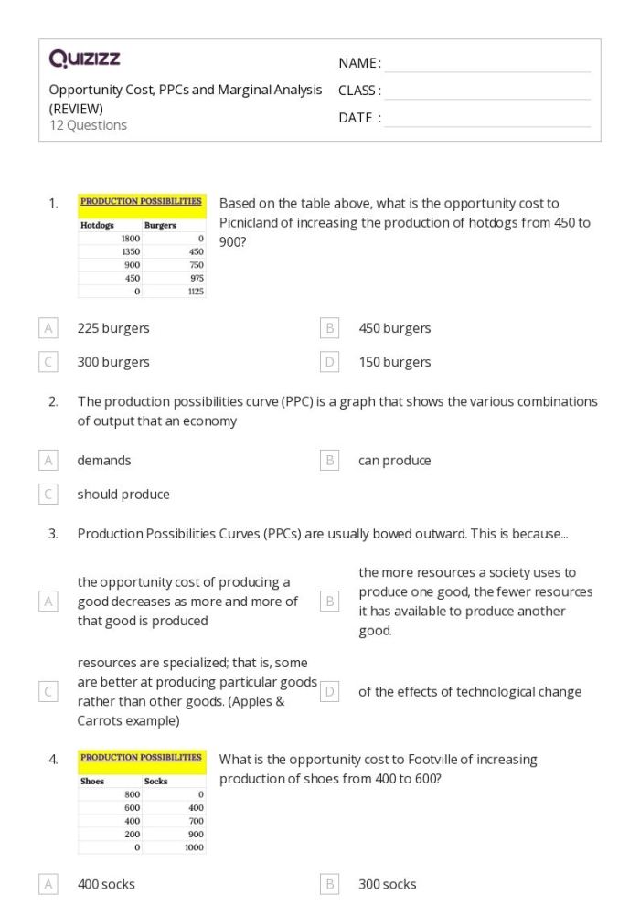 Engaging economics worksheet on opportunity costs for data and graphing activities Opportunity Costs worksheet for sixth graders illustrating trade-offs in decision making