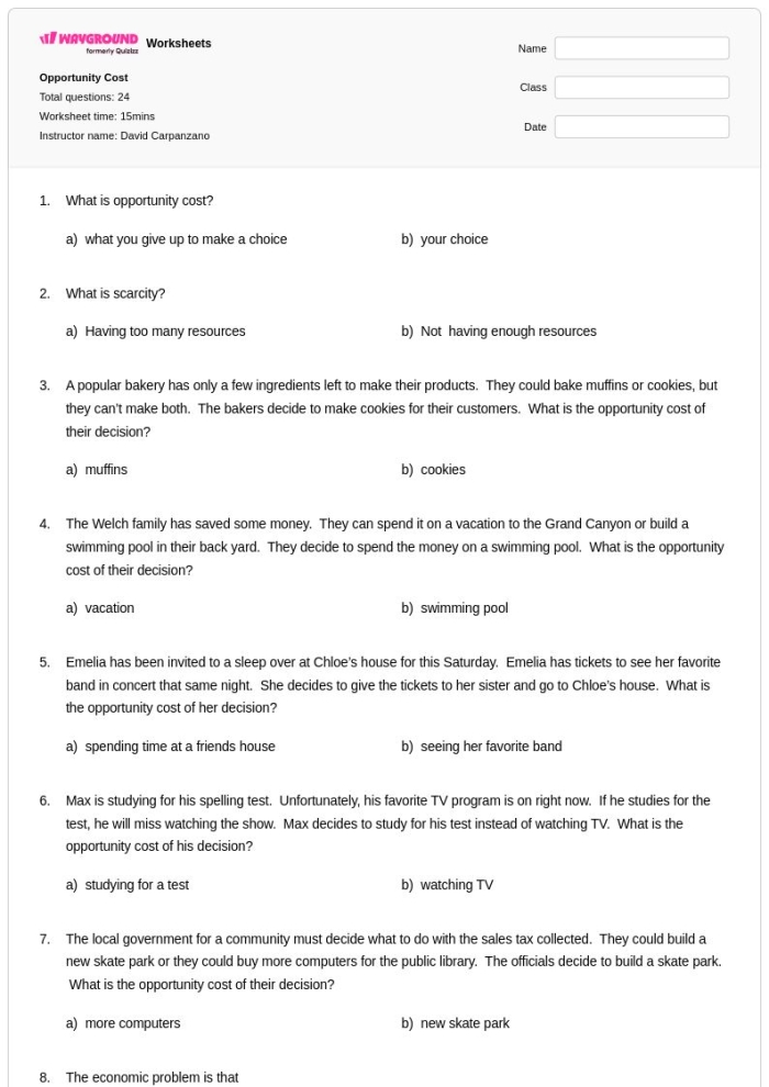 Engaging economics worksheet on opportunity costs for data and graphing activities Opportunity Costs worksheet for sixth graders illustrating trade-offs in decision making