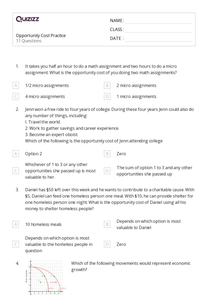 Engaging economics activity focused on understanding opportunity costs Opportunity Costs worksheet for sixth graders illustrating trade-offs in decision-making