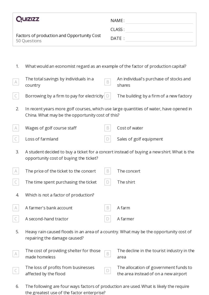 Engaging economics worksheet on trade-offs and opportunity costs for students Worksheet illustrating opportunity costs for sixth graders in a data and graphing context