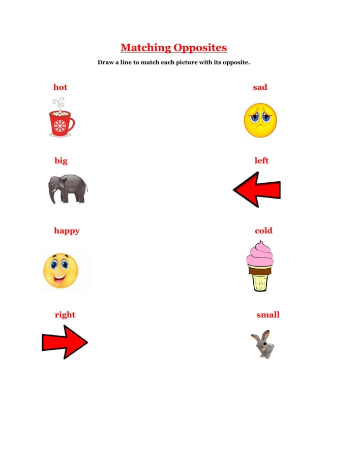 Worksheet featuring images for matching opposites like sunrise and sunset