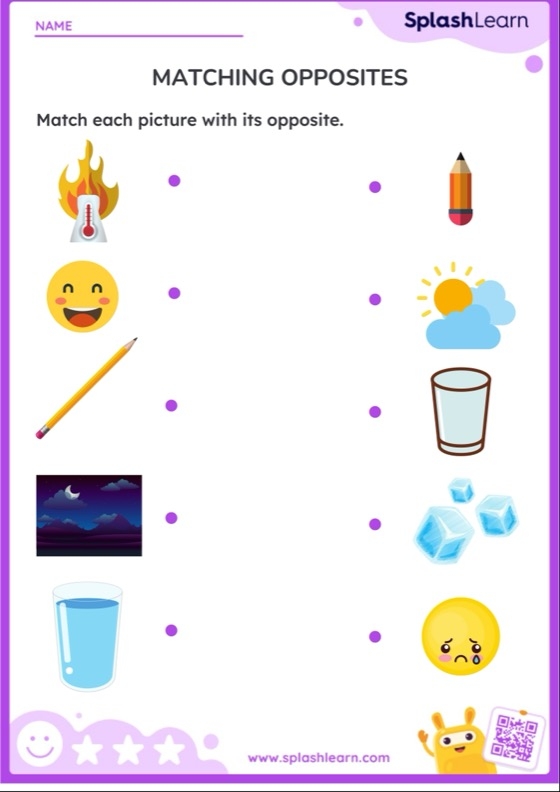 Worksheet featuring matching opposites for Pre-K sight words, including images of sunset and sunrise. Opposites: Matching This and That worksheet for preschool students.