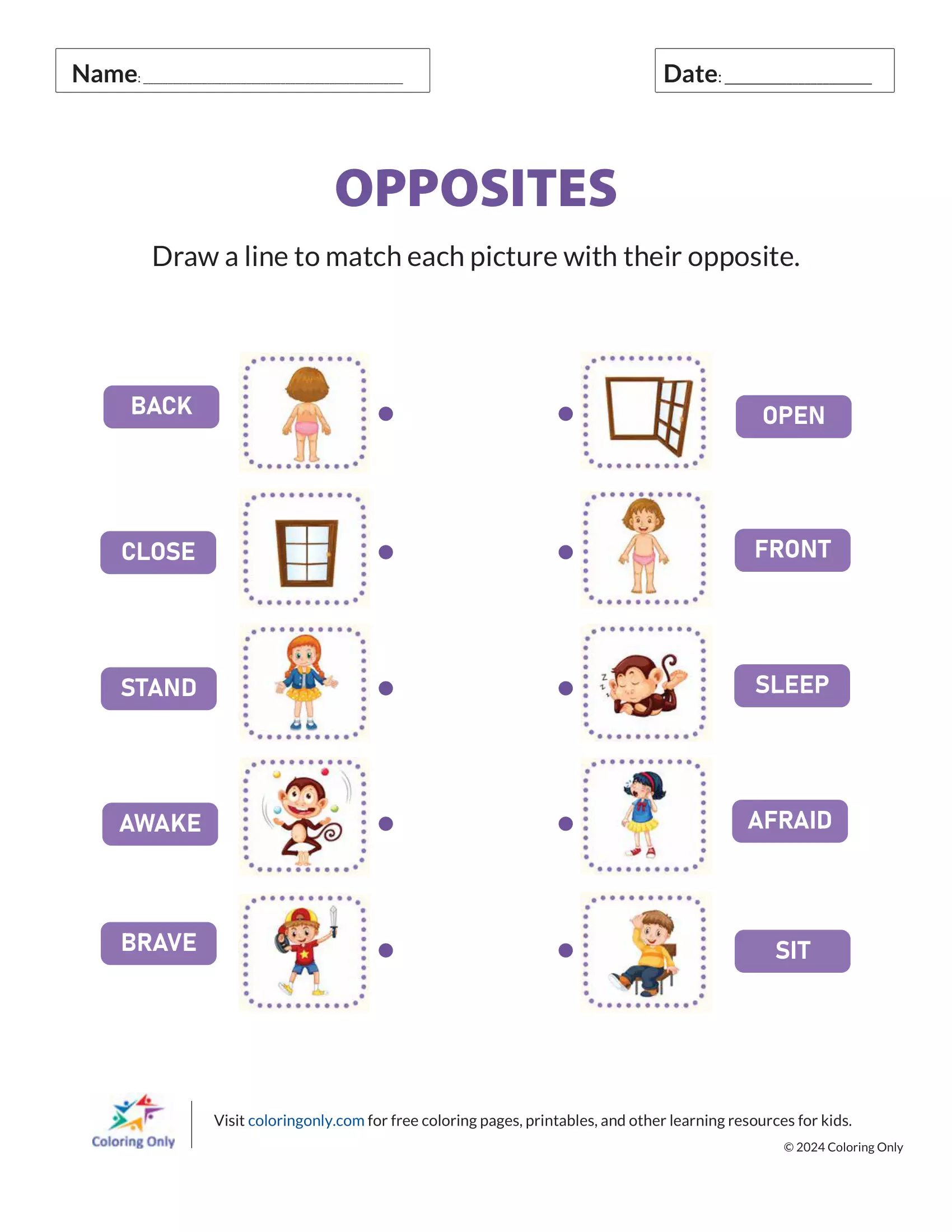 Worksheet for matching opposites featuring images like sunset and sunrise