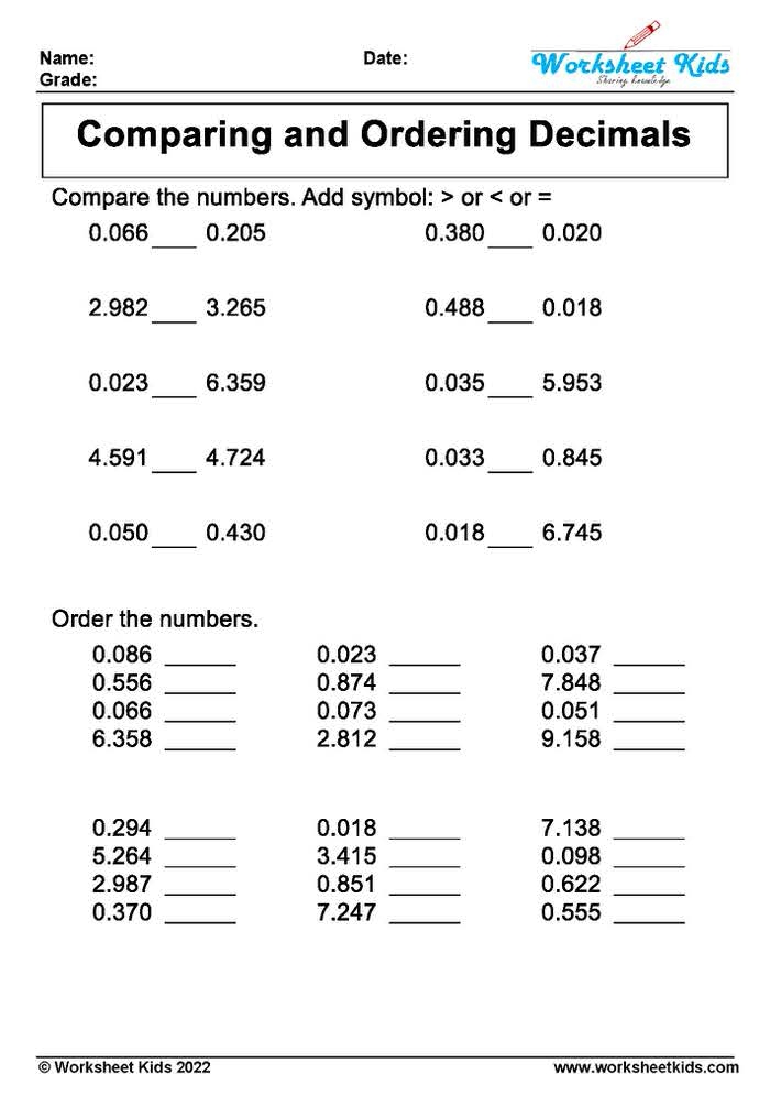 Fifth grade math worksheet showing decimal numbers arranged on a number line for ordering practice