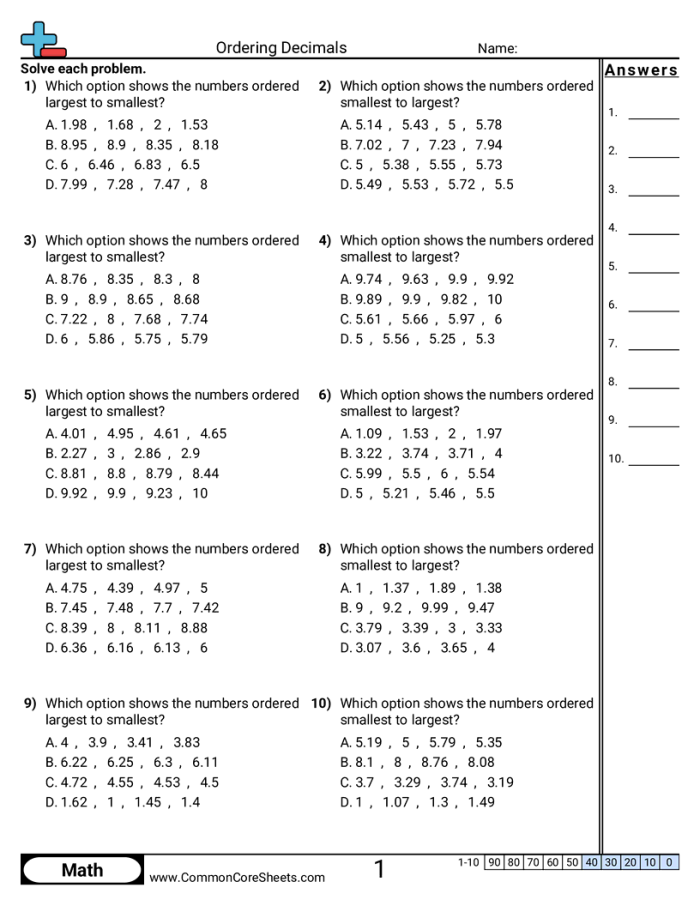 Fifth grade math worksheet focused on practicing how to order decimals on a number line