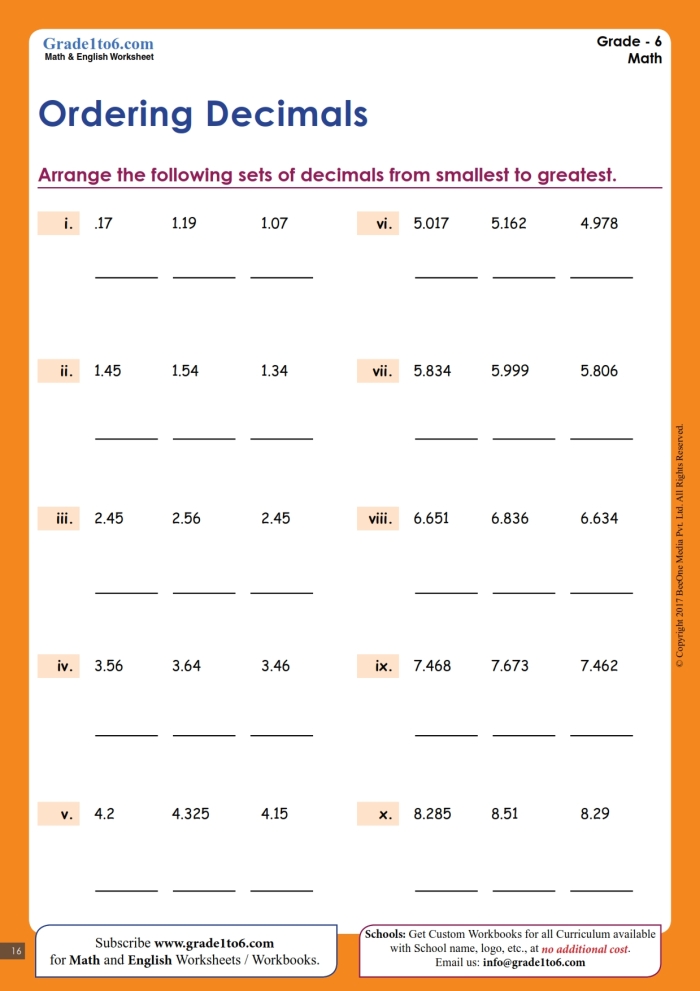 Fifth grade student worksheet displaying a number line for practicing how to order decimals