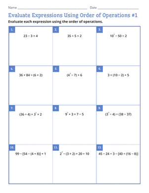 Sixth grade math worksheet for practicing order of operations with exponents