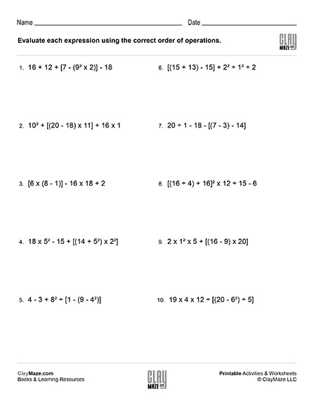 Sixth grade math worksheet for practicing order of operations with exponents problem set 20