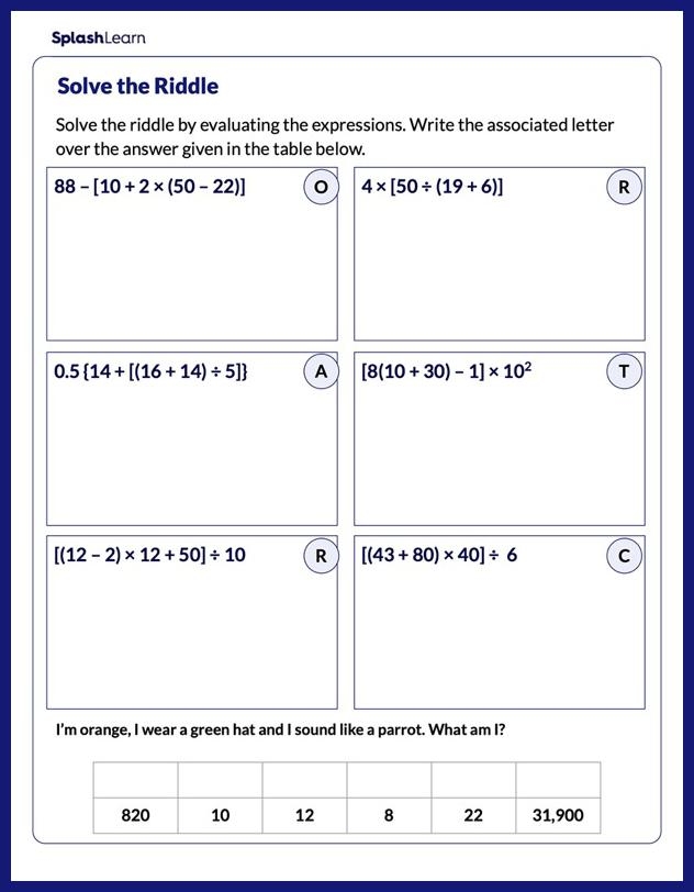 Sixth grade math worksheet featuring numerical expressions with exponents for order of operations practice