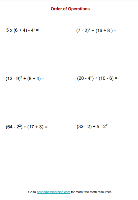 Sixth grade math worksheet for evaluating numerical expressions using order of operations and exponents
