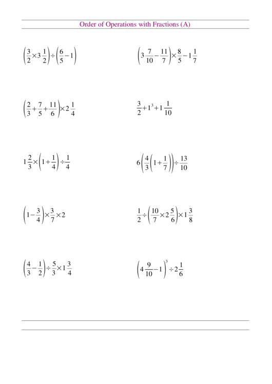 Practice worksheet for solving fraction expressions using PEMDAS and mathematical order rules Fifth grade math worksheet showing order of operations problems with fractions and mixed numbers to solve