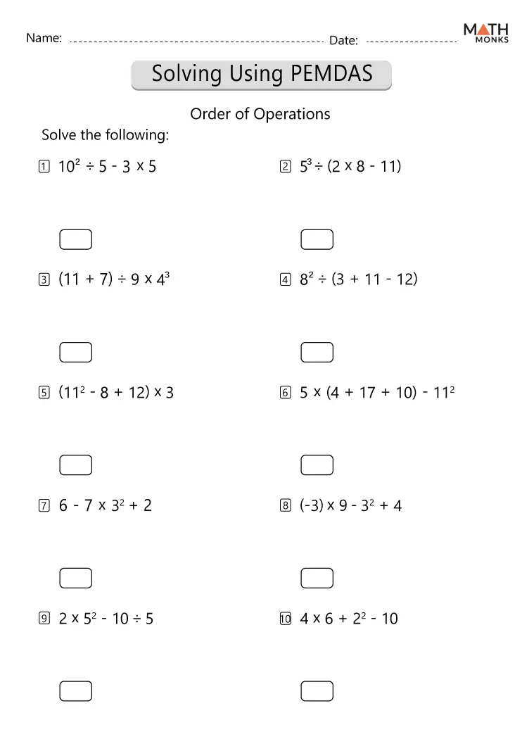 Order of Operations PEMDAS worksheet for fifth and sixth graders demonstrating mixed operations practice