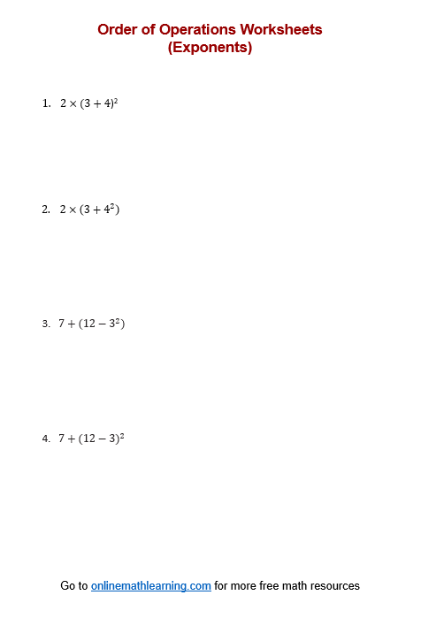 Worksheet for sixth graders on evaluating expressions using order of operations with exponents