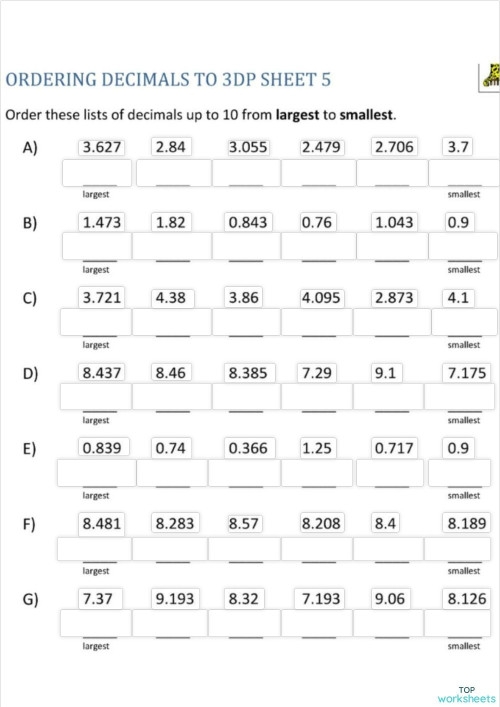 Fifth grade math worksheet featuring decimal number line ordering exercises