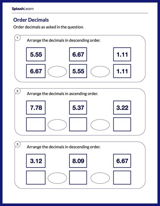 Fifth grade place value worksheet showing decimal numbers arranged on a number line for ordering practice