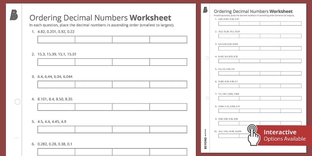 Fifth grade worksheet for ordering decimals by placing numbers on a number line