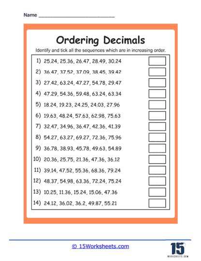 Fifth grade math worksheet featuring a number line exercise to practice how to order decimals