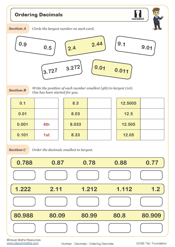 Fifth grade math worksheet featuring a number line exercise to practice ordering decimals