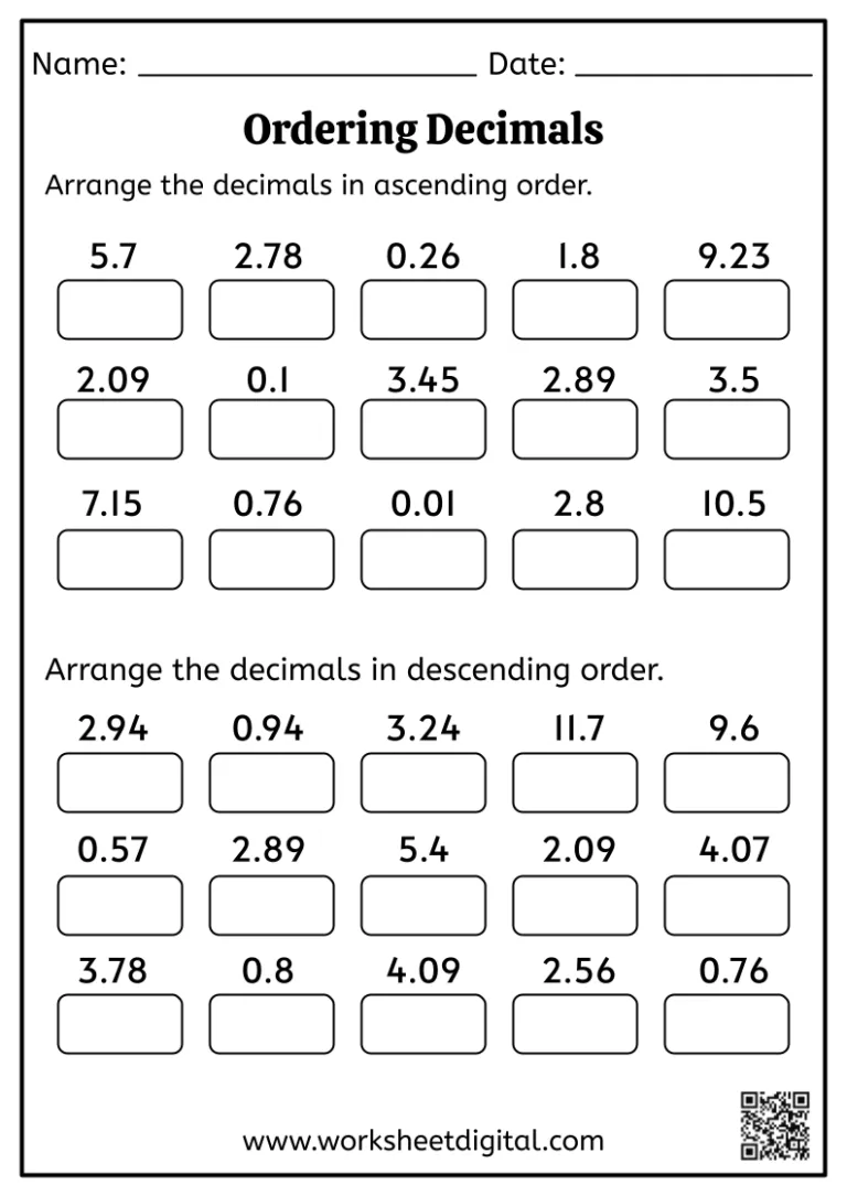 Fifth grade worksheet showing how to order decimals on a number line for place value practice