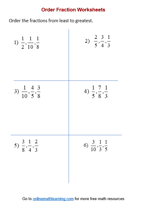 Practicing Fractions Largest to Smallest Worksheet 24 Fourth grade math worksheet for ordering fractions from largest to smallest with unlike denominators