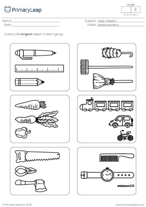 First grade students comparing and ordering objects by length from shortest to longest on a worksheet