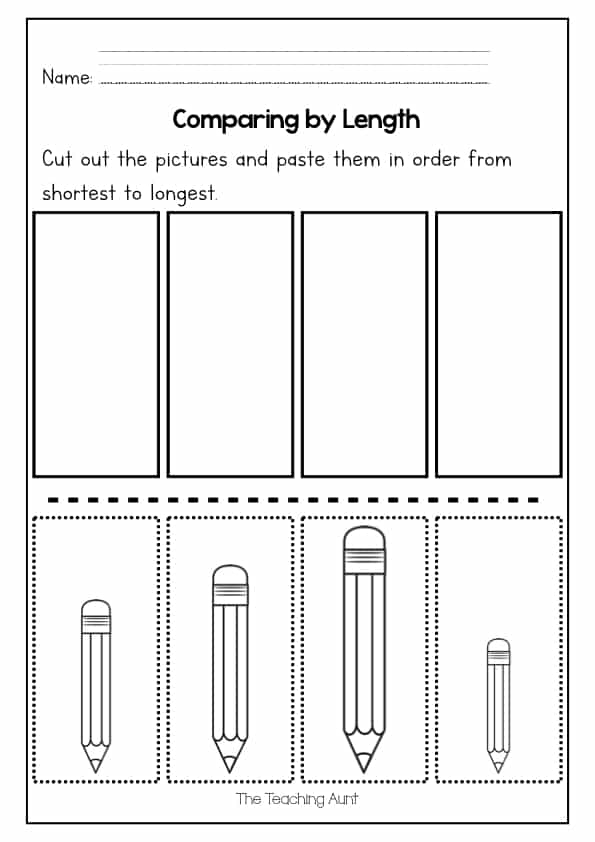 First grade students comparing and ordering objects by length from shortest to longest on a practice worksheet