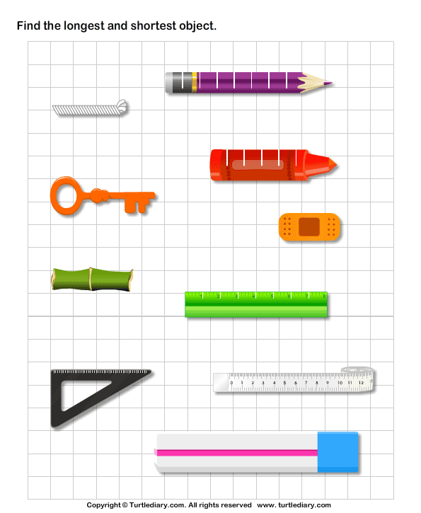 First grade students comparing and ordering objects from shortest to longest on a worksheet activity