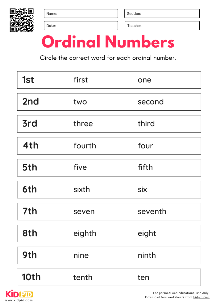 Second grade worksheet for distinguishing between ordinal and cardinal numbers