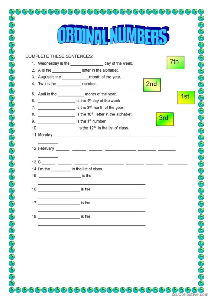 Identifying ordinal number positions in subtraction worksheet image 6 First grade ordinal numbers practice worksheet with shaded pictures showing positions first through fourth
