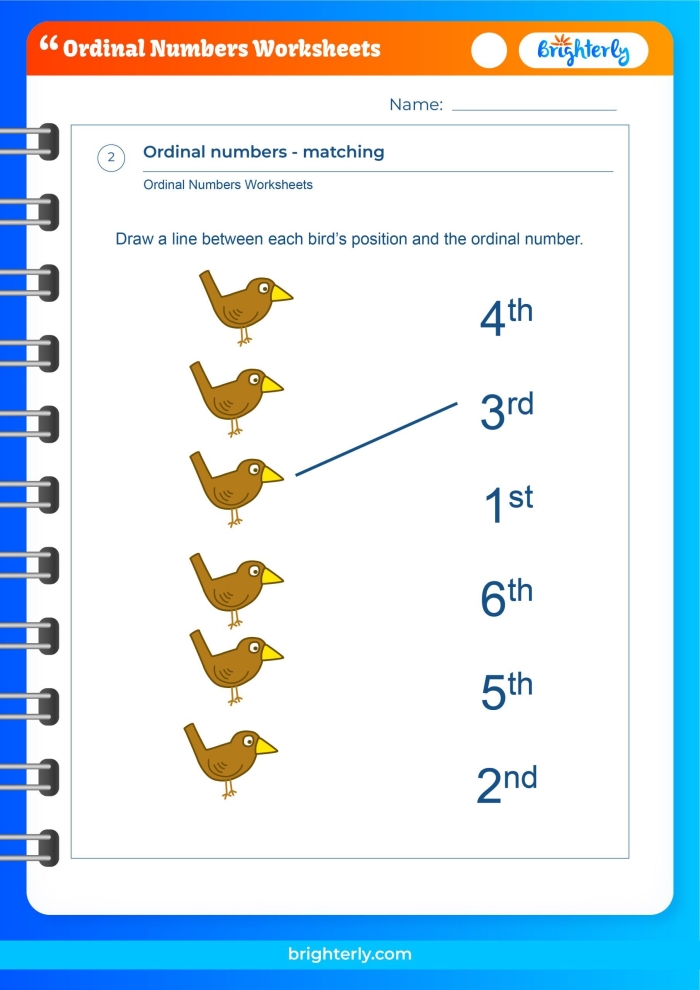 Identifying ordinal number positions in shaded picture exercise for subtraction practice First grade ordinal numbers worksheet showing shaded pictures to identify first, second, third, or fourth positions