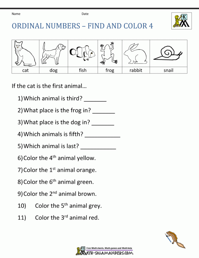 Identifying ordinal numbers first through fourth in subtraction practice worksheet 16 First grade ordinal numbers worksheet exercise 16 with shaded picture for identifying position order