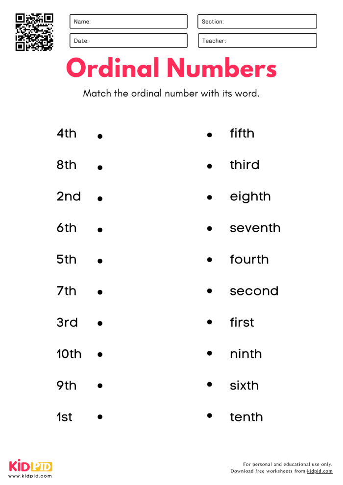 Second grade worksheet for practicing ordinal numbers in sequence from first to fourth