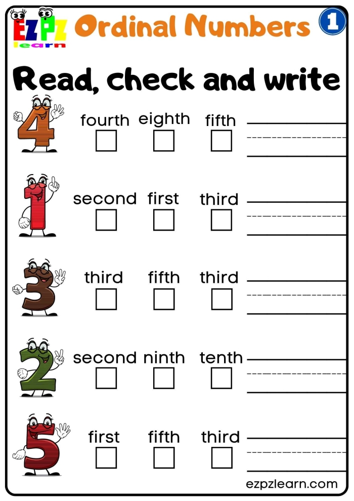 Identifying ordinal numbers first through fourth in subtraction activity 19 First grade ordinal numbers practice worksheet with shaded pictures showing positions in a sequence