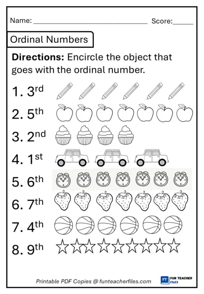 Ordinal Numbers Worksheet Seven Practice Identifying Position in a Sequence First grade math worksheet focusing on identifying ordinal numbers through shaded visual sequences