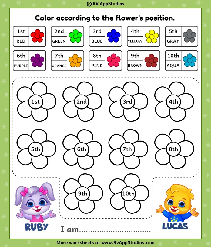 Ordinal Numbers worksheet 22 identifying first second third or fourth positions First grade subtraction worksheet focusing on identifying the correct ordinal position for shaded objects