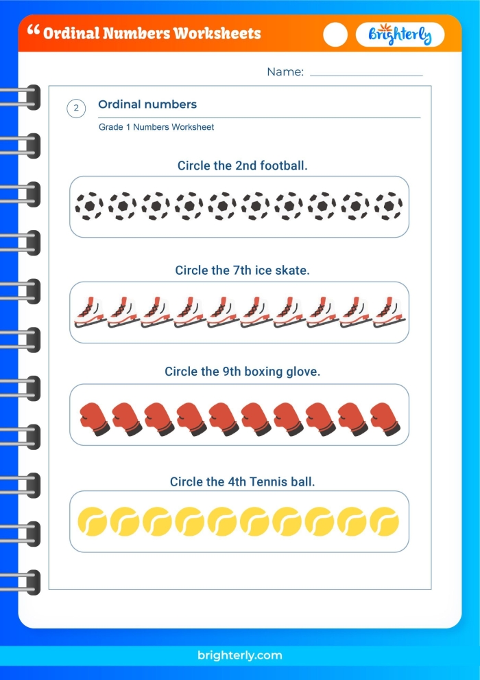 Ordinal Numbers Worksheet Subtraction Practice Three First grade math worksheet focusing on identifying ordinal numbers through shaded visual examples