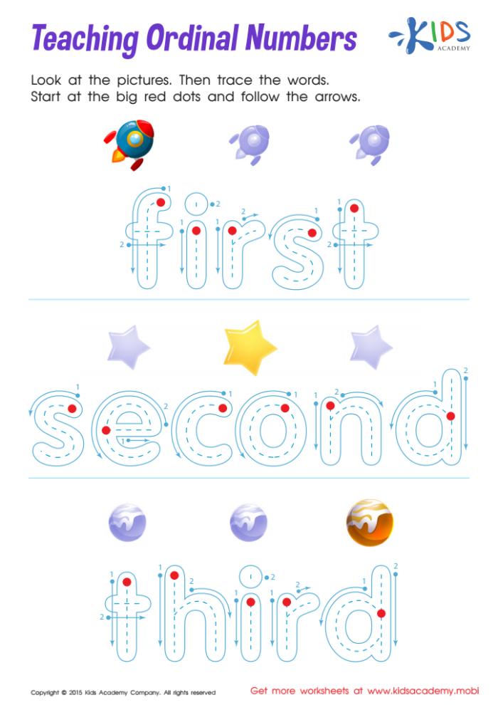 Ordinal numbers worksheet for second graders featuring 1st to 4th placements