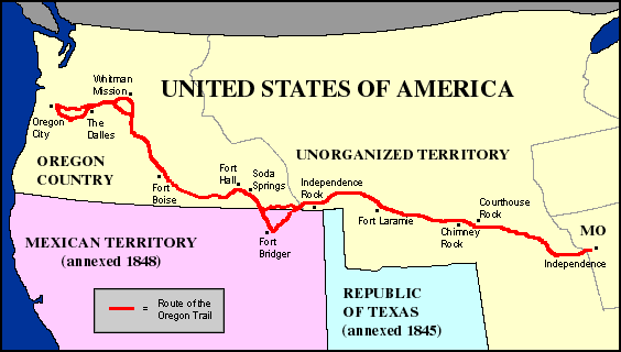 Oregon Trail Map: Explore the historic route of the Wagon Train of 1843 Detailed map illustrating the Oregon Trail used by the Wagon Train of 1843 for educational purposes