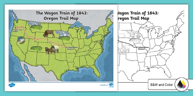 Map of the Oregon Trail: Discover the journey of the Wagon Train of 1843 Oregon Trail map highlighting the route of the Wagon Train of 1843 for educational purposes