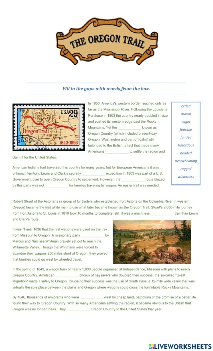 Oregon Trail Map and Wagon Train of 1843 Educational Worksheet 8 Fourth grade students analyzing a detailed map of the 1843 Oregon Trail route for a grammar and mechanics worksheet