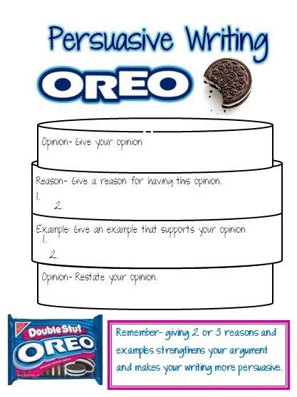 Oreo Cookie Persuasive Writing Exercise for Elementary Students A fourth grade student completing an Oreo-themed persuasive writing worksheet with sections for reasons and supporting details