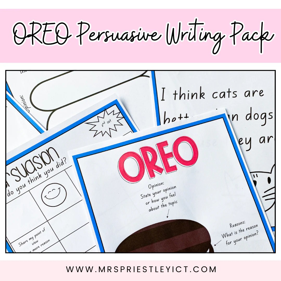 Oreo Cookie Persuasive Writing Exercise for Elementary Students Fourth grade students completing an Oreo cookie-themed persuasive writing worksheet with structured argument framework