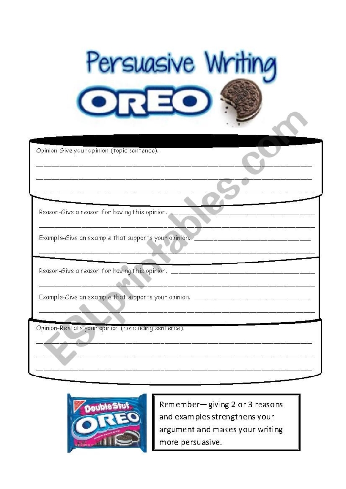 Oreo Persuasive Writing Exercise for Fourth Grade Students A fourth grade student worksheet showing the Oreo persuasive writing template with cookie-themed prompts for organizing opinion, reasons, and supporting details