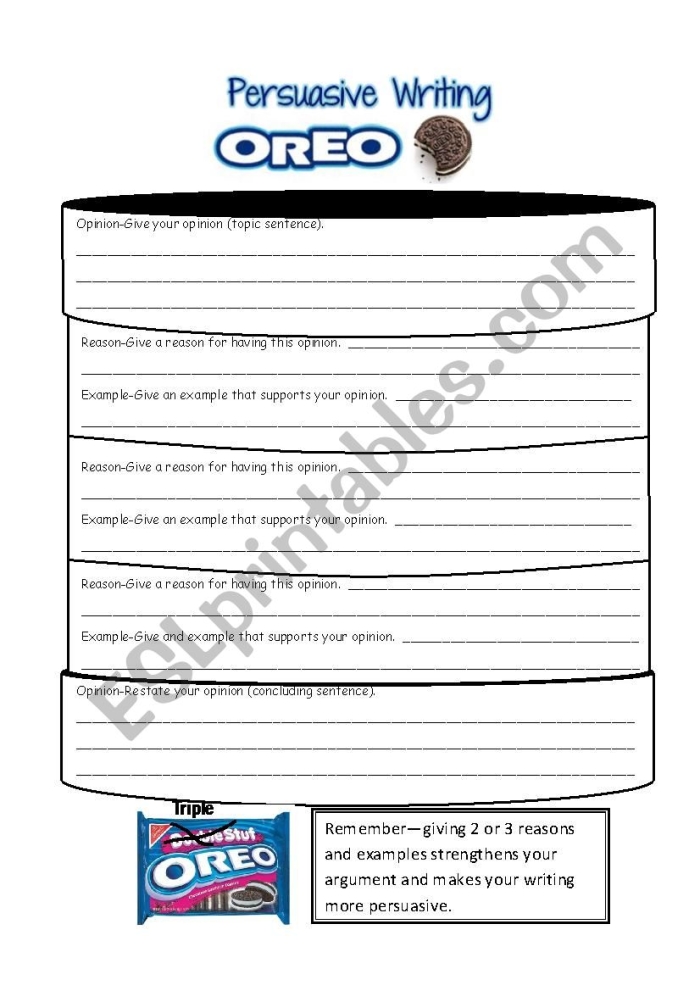 Oreo Cookie Persuasive Writing Lesson for Elementary Students Fourth grade students learning persuasive writing techniques using an Oreo cookie themed worksheet exercise